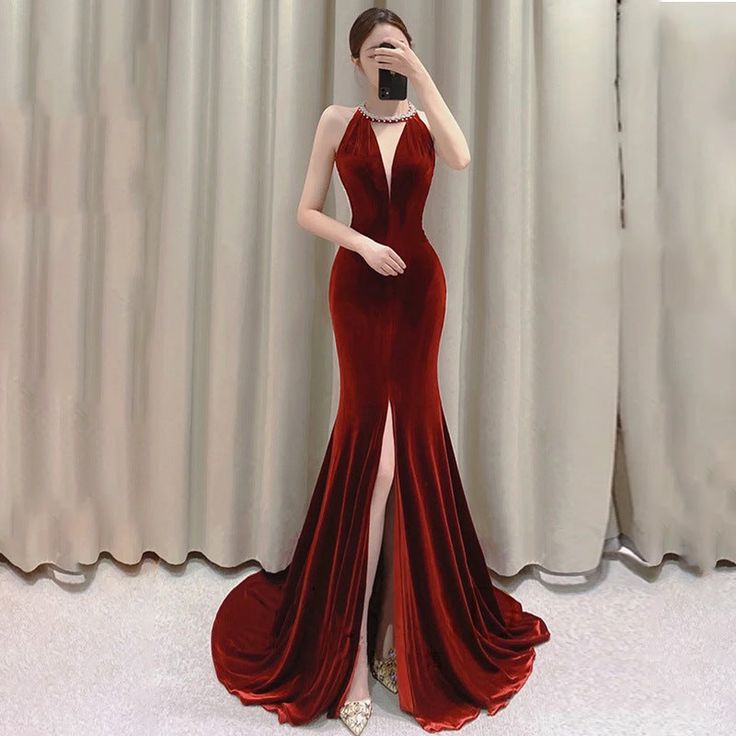 Deep V Neck Mermaid Velvet Long Evening Dress Backless Tassel Party Gown with Slit       S4981