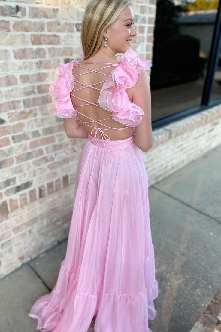 Lace-Up V-Neck Ruffle Pleated Long Prom Dress     S5141