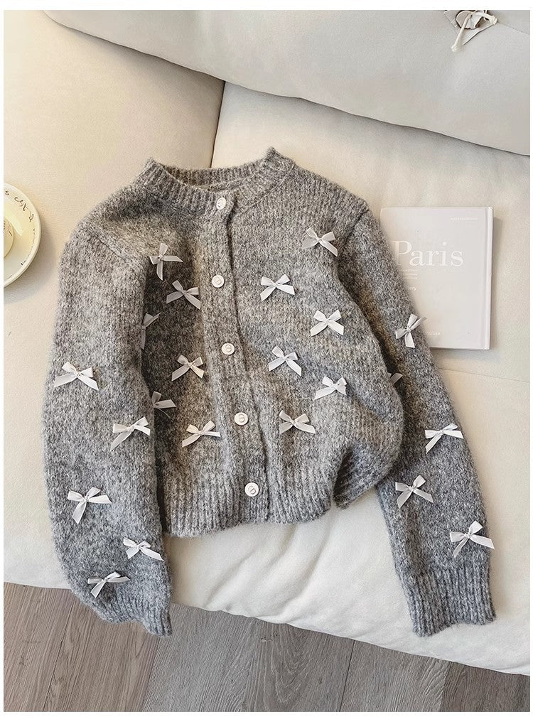 Design bow sweater coat women's long-sleeved knitted cardigan trendy    S4857