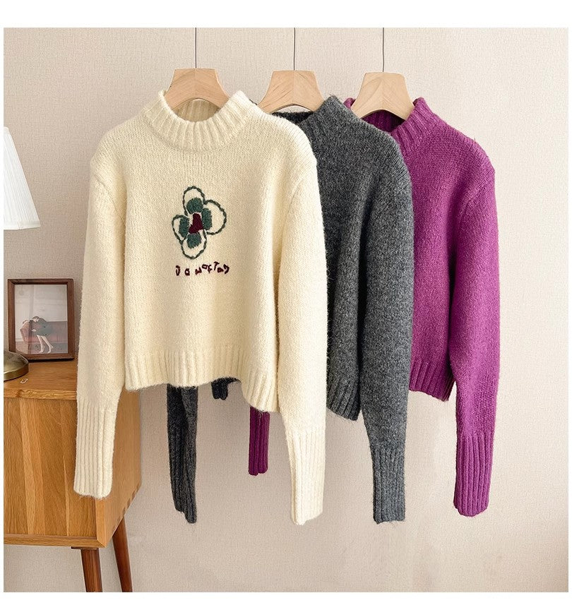 French chic embroidered round neck sweater for women knitted top       S4795