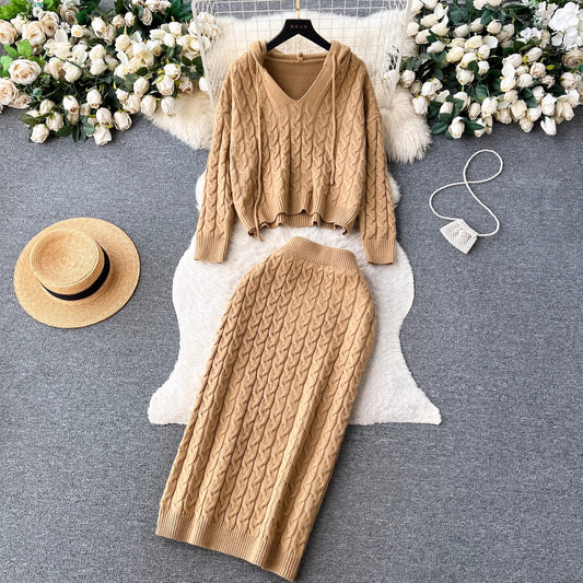 sweater suit for women casual top, mid-length skirt, knitted two-piece skirt     S4629