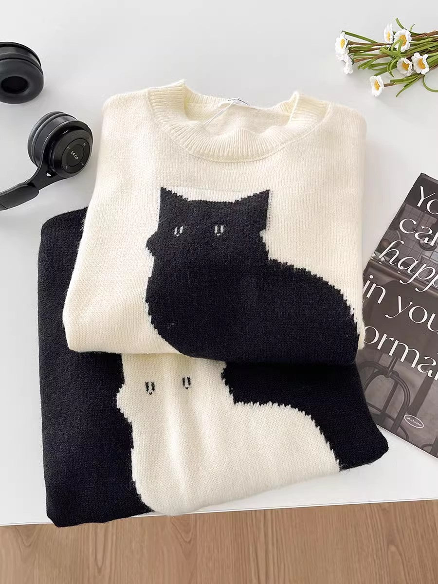 cartoon cat casual and fashionable round neck sweater    S4739