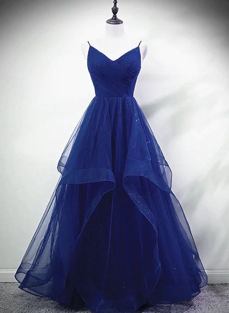 Blue A-line Straps Tulle Layers Long Evening Party Dress Hand Made Custom Long Prom Dress      S5172