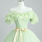 A-Line Off Shoulder Tulle Green Long Prom Dress, Green Sweet 16 Dress     S5143
