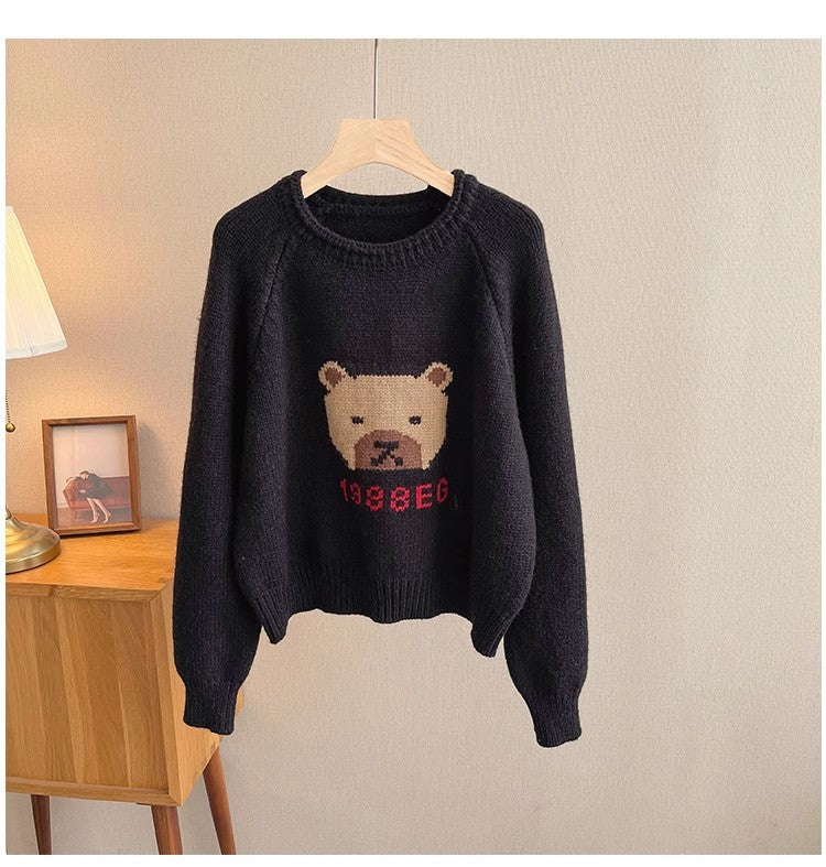 Designed bear jacquard round neck sweater for women knitted top trendy     S4886