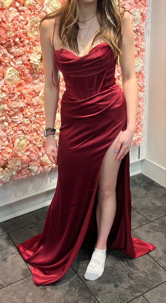 Spaghetti Straps Sheath Burgundy Long Prom Dress With Slit       S5297