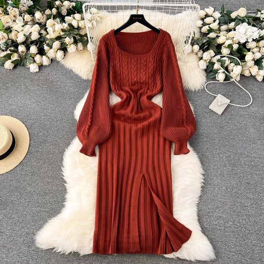Sweater Dress Women's High-Quality Square Neck Puff Sleeve Knitted Skirt      S4615