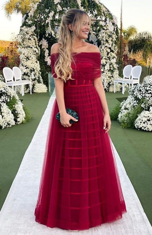 Wine Red Prom Dresses Long Sleeveless Strapless Tulle Formal Evening Party Gowns         S5290