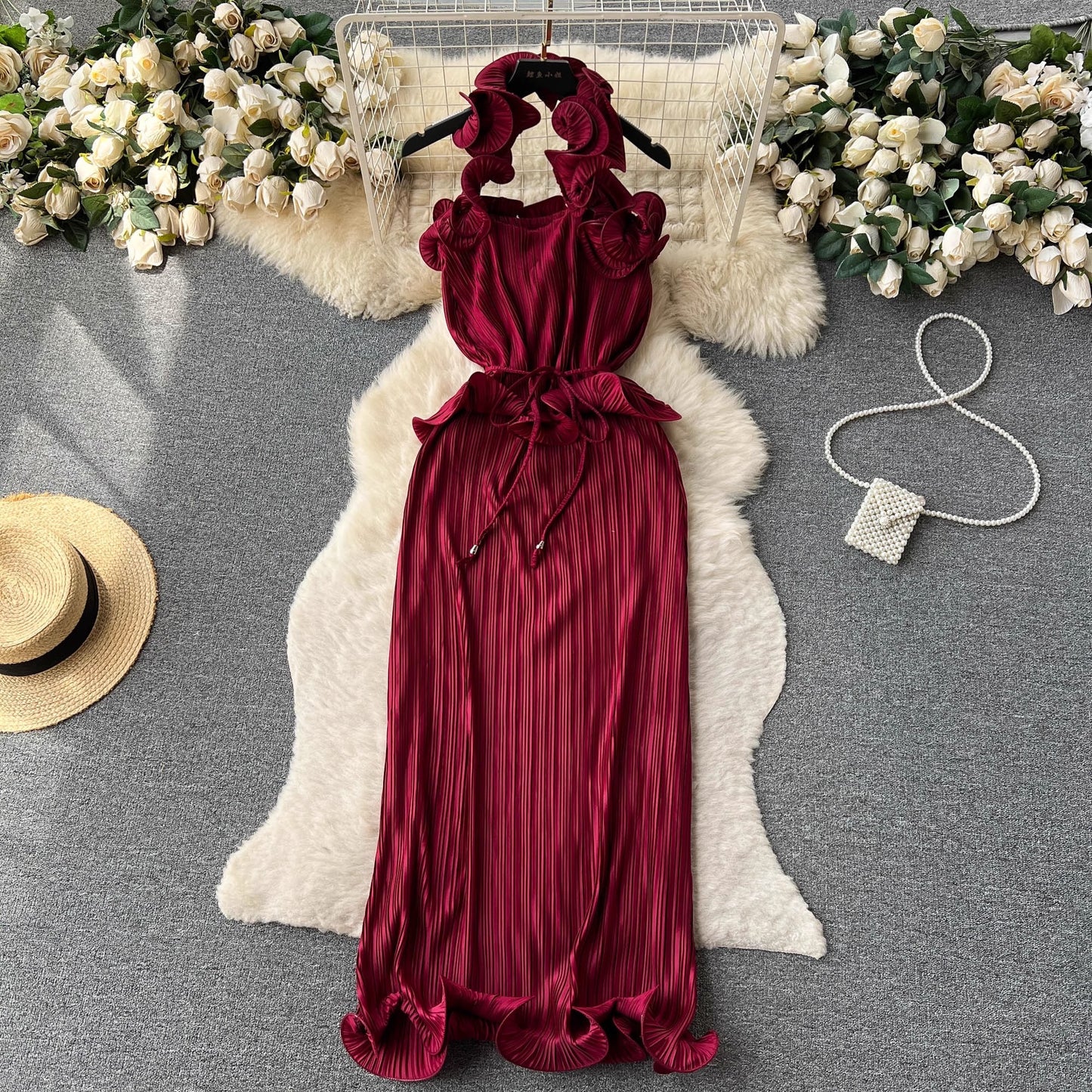 halter neck suspender dress women's pleated holiday dress banquet dress     S4625