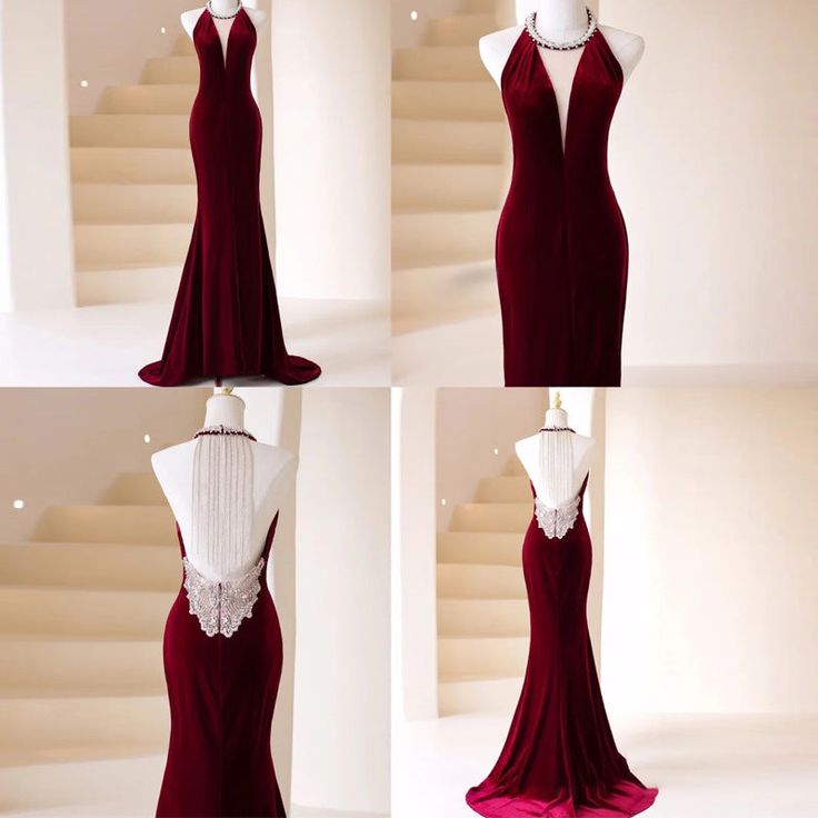 Deep V Neck Mermaid Velvet Long Evening Dress Backless Tassel Party Gown with Slit       S4981