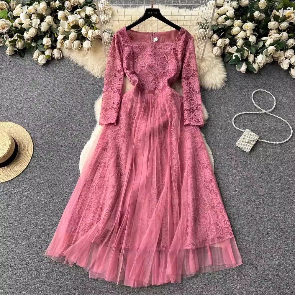 French retro lace dress for women long skirt      S4623