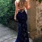 navy blue mermaid tulle and sequins long formal prom dress     S5003