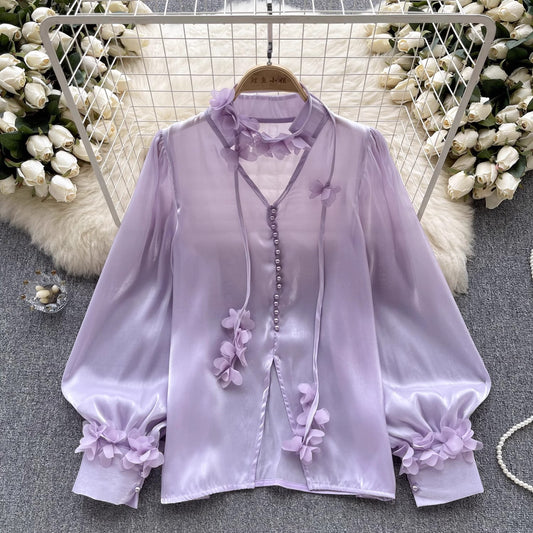 mesh shirt for women with ribbon long-sleeved design beautiful top trend     S4532
