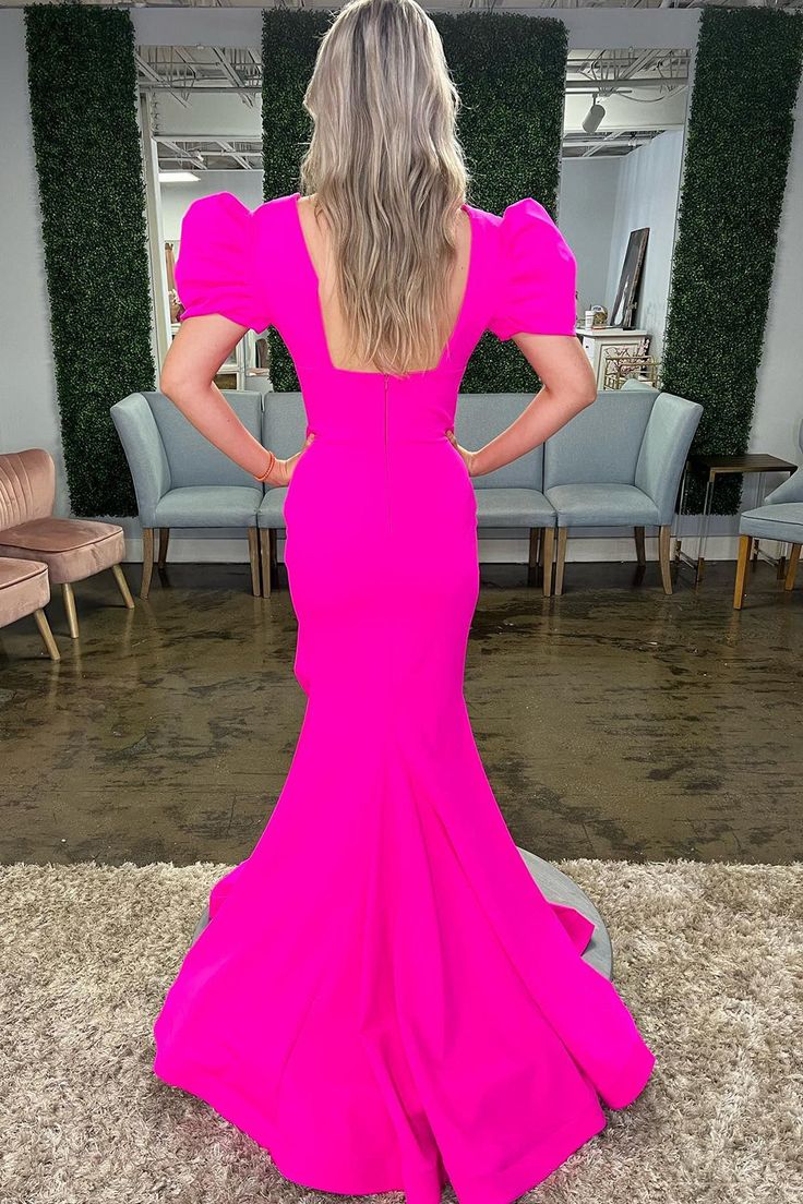 Hot Pink Mermaid Deep V Neck Long Prom Dress with Slit Formal Evening Dresses       S5270