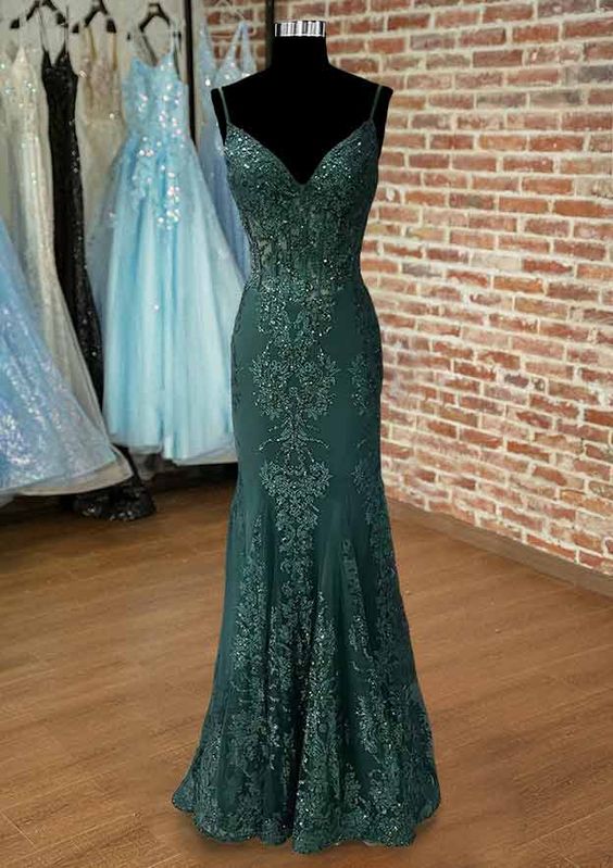 Mermaid V Neck Spaghetti Straps Long/Floor-Length Tulle Prom Dress With Appliqued Beading        S5181