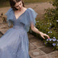 Gray Blue V Neck Tulle Sequin Long Prom Dress, Blue Formal Graduation Dresses    S4955