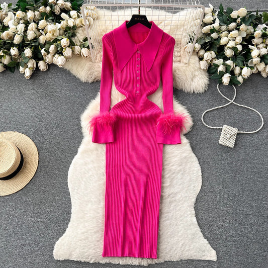 knitted dress for women lapel feather tight design skirt    S4539