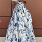 Blue Printed A-Line Strapless Long Prom Dress        S5300