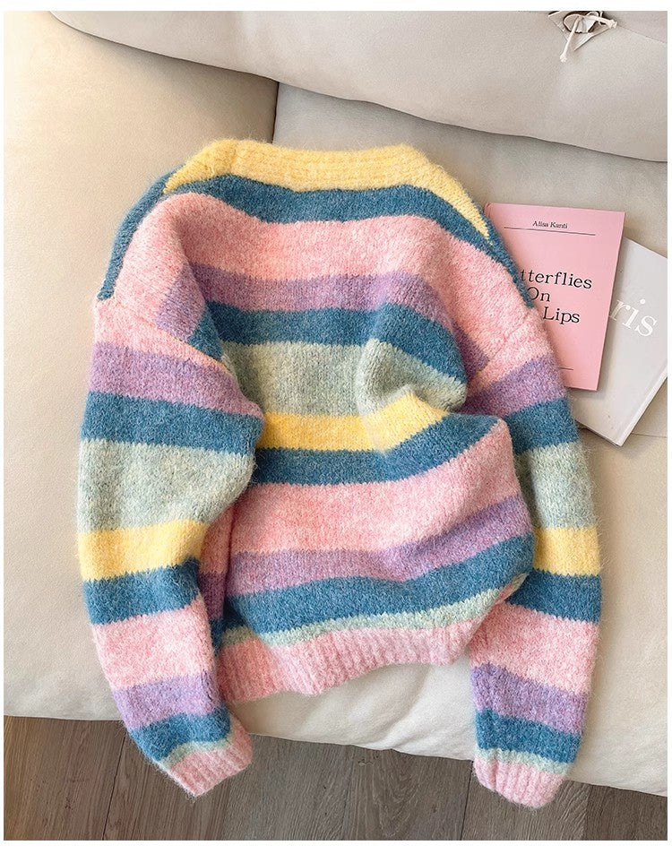 Candy color V-neck rainbow sweater jacket for women knitted cardigan      S4907