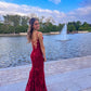 Burgundy Mermaid Lace Sequins Prom Dress     S5059
