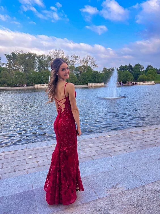 Burgundy Mermaid Lace Sequins Prom Dress     S5059