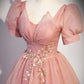 Tulle Floor Length Prom Dress with Short Sleeve, Beautiful A-Line Evening Dress     S4988