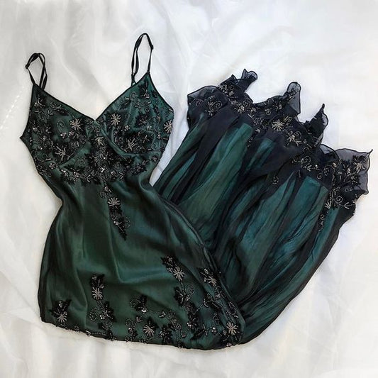 Sparkly A line Spaghetti Straps Dark Green Long Prom Dress       S5241