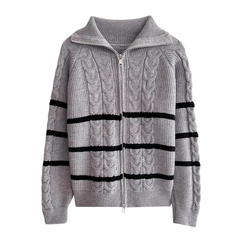 double zipper casual striped sweater jacket   S4772