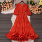 French retro pleated V-neck dress, summer puff sleeves skirt      S5039