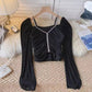 design beaded off-shoulder lantern sleeve shirt top women's short pleated top    S4662