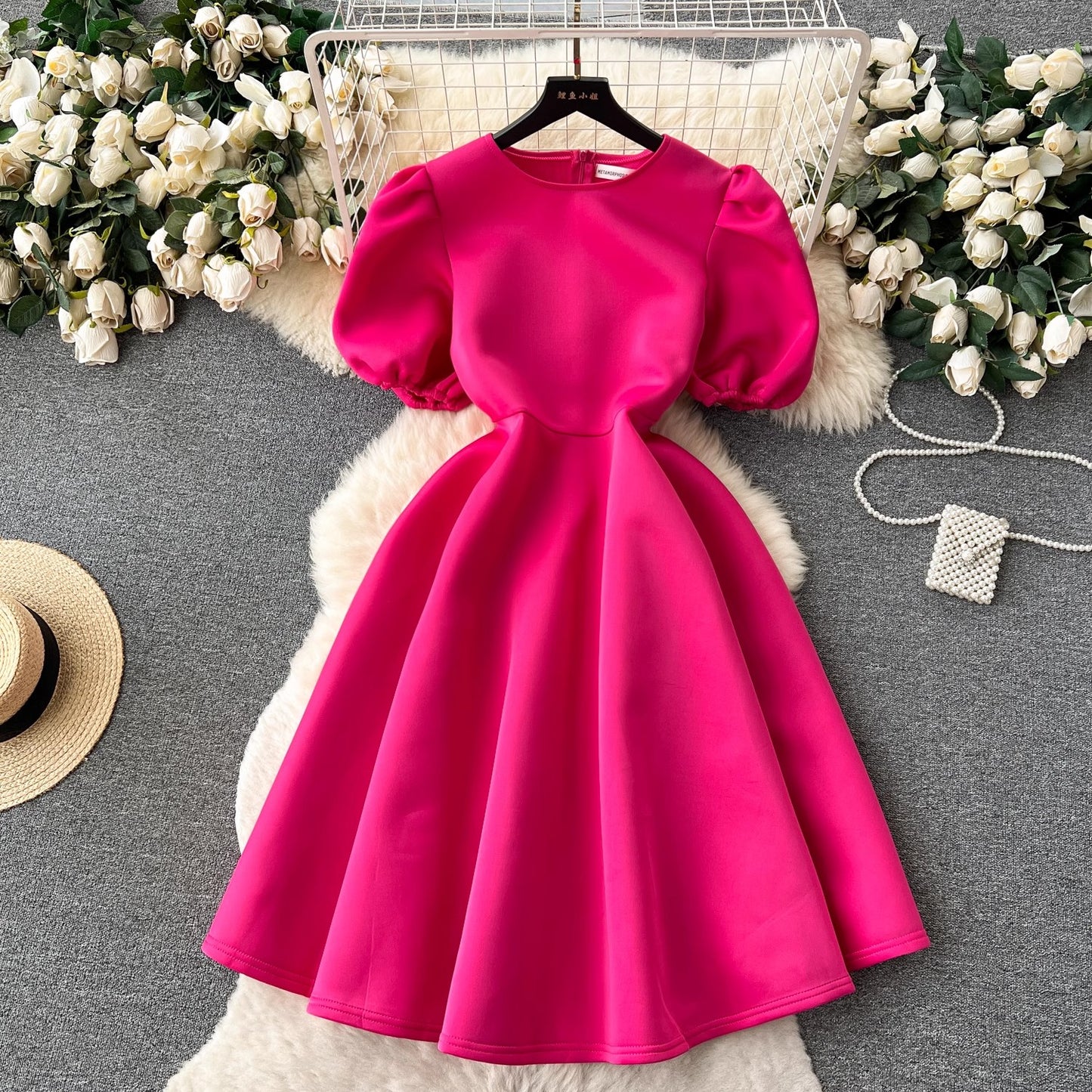 round neck puff sleeve dress for women summer puffy dress      S4603