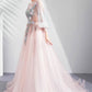 Light Pink Long Sleeves Tulle Prom Dress Princess Evening Gown with Lace     S5145