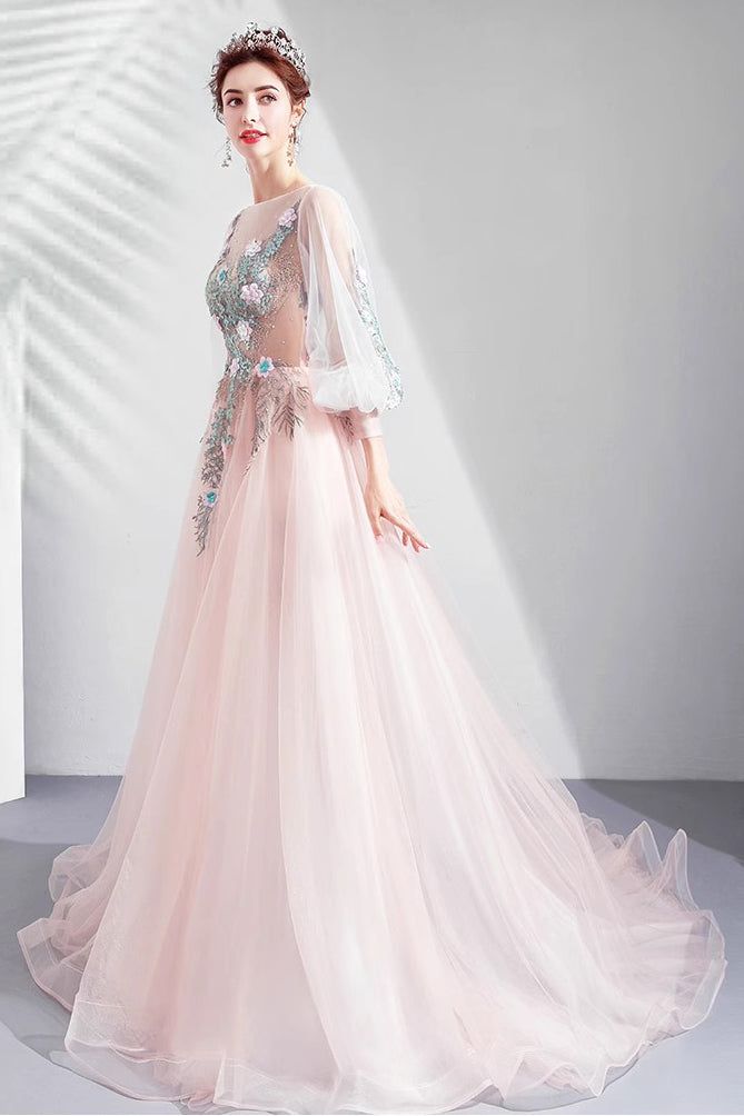 Light Pink Long Sleeves Tulle Prom Dress Princess Evening Gown with Lace     S5145