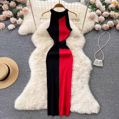 Long Round Neck Sleeveless Dress Tight Knitted Skirt     S4599