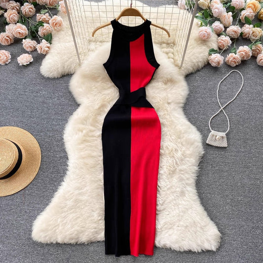 Long Round Neck Sleeveless Dress Tight Knitted Skirt     S4599