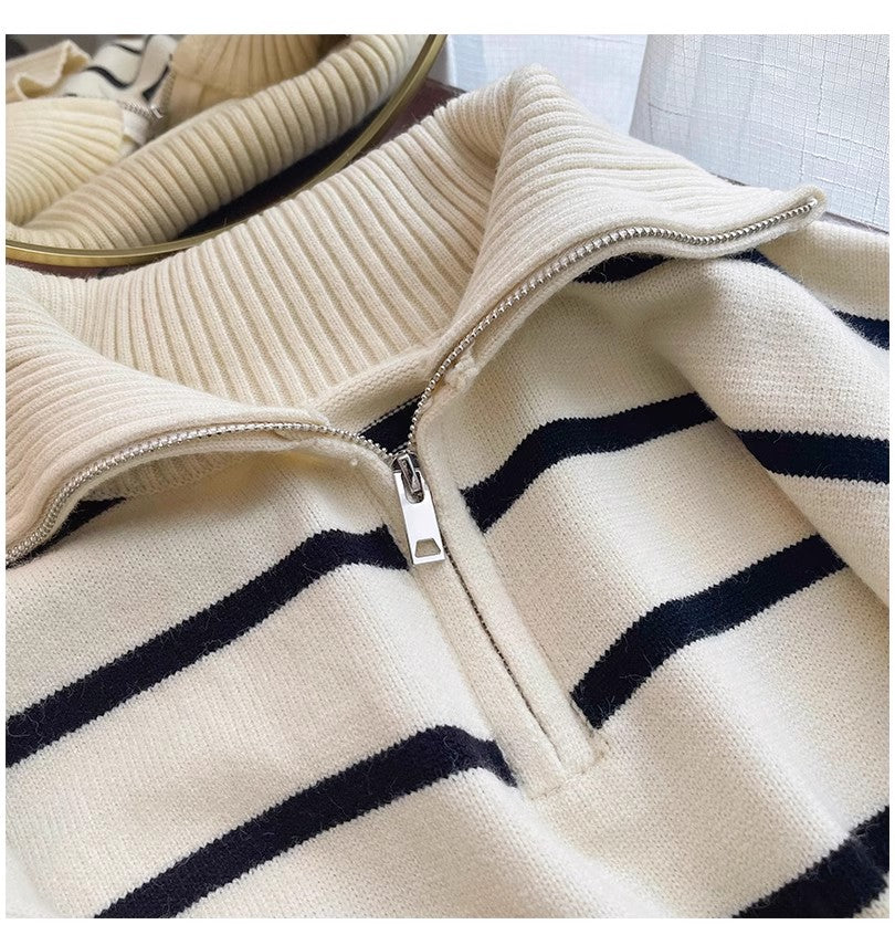 New striped sweater for women chic half zipper knitted top     S4885