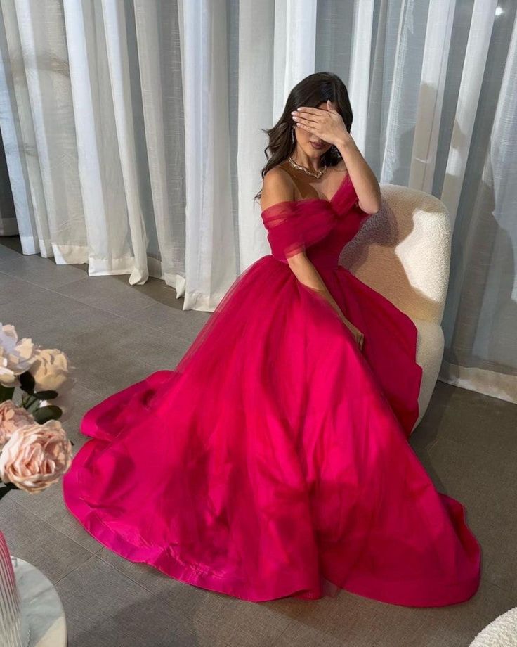 Off the Shoulder Hot Pink A-Line Evening Prom Dress       S5250