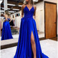 A-Line Prom Dresses Empire Dress Formal Court Train Sleeveless V Neck Satin Backless with Beading Appliques   S4983