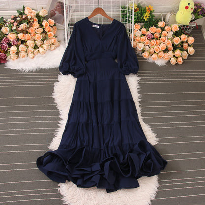 French retro pleated V-neck dress, summer puff sleeves skirt      S5039