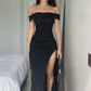 Black High Slit Mermaid Long Evening Prom Dresses, Off Shoulder Prom Dress    S5142