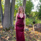 V Neck Satin Mermaid Long Evening Dress Burgundy Evening Dress       S5252