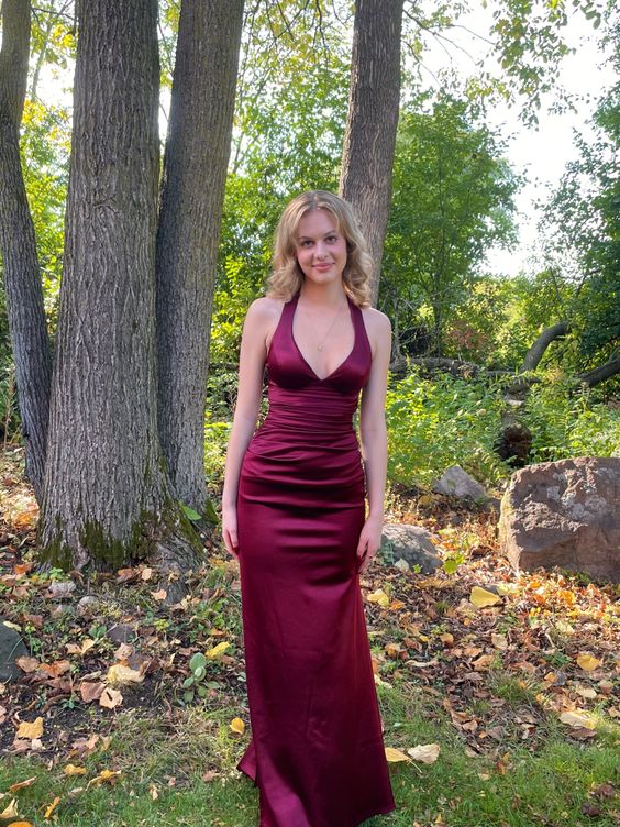 V Neck Satin Mermaid Long Evening Dress Burgundy Evening Dress       S5252