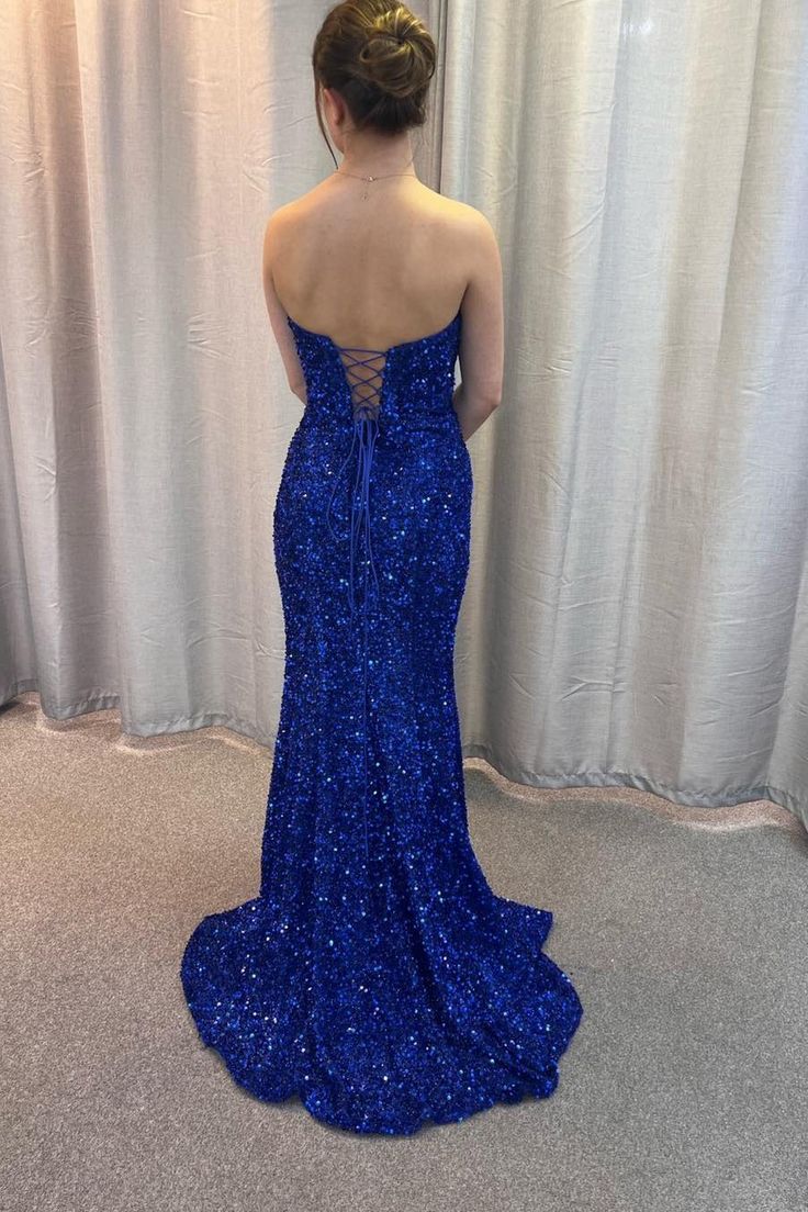 Sweetheart Royal Blue Sequin Mermaid Long Prom Dress with Lace Up Back       S5321