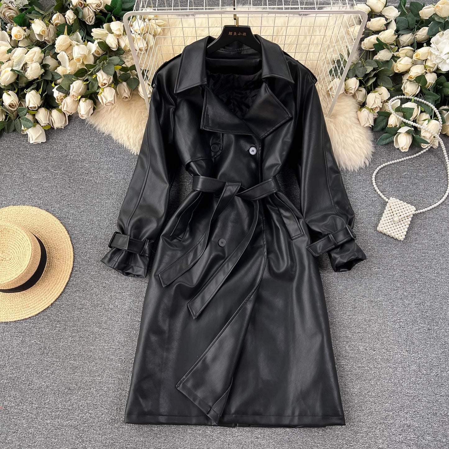 mid-length leather jacket for women coat trend     S4639
