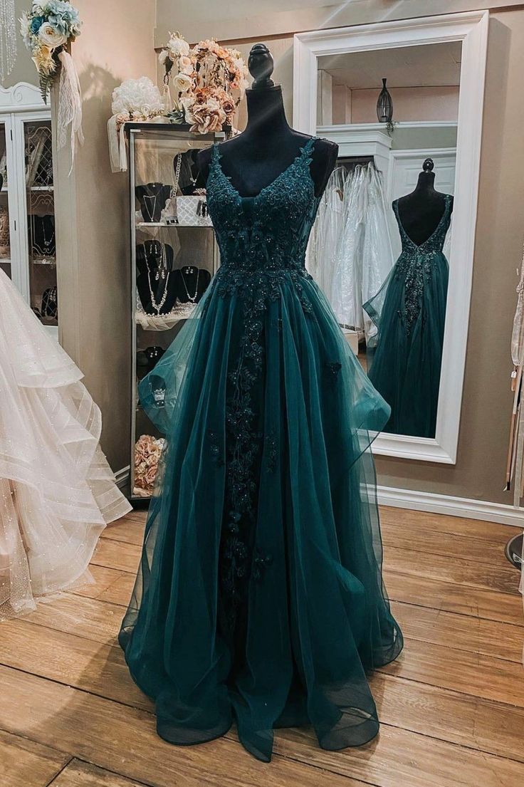 Green Tulle Lace Long Prom Dresses, A-Line Formal Evening Dresses      S5199