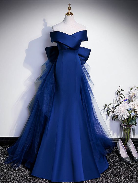 Royal Blue Mermaid Satin Long Prom Dress, Off Shoulder Blue Evening Dress     S4967