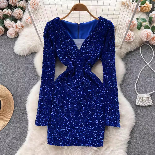 New sexy design sequined V-neck long-sleeved dress    S4543