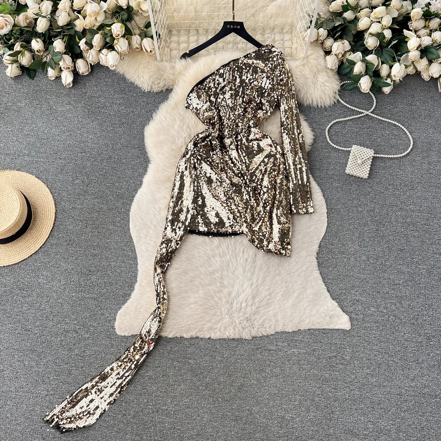 off-shoulder long-sleeved sequined dress for women party dress     S4534