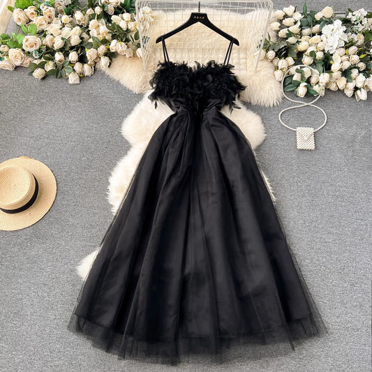 black dress for women feather puffy suspender dress      S4586