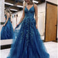 A-Line Prom Dresses Formal Floor Length Sleeveless V Neck Tulle Backless with Glitter Appliques    S5202